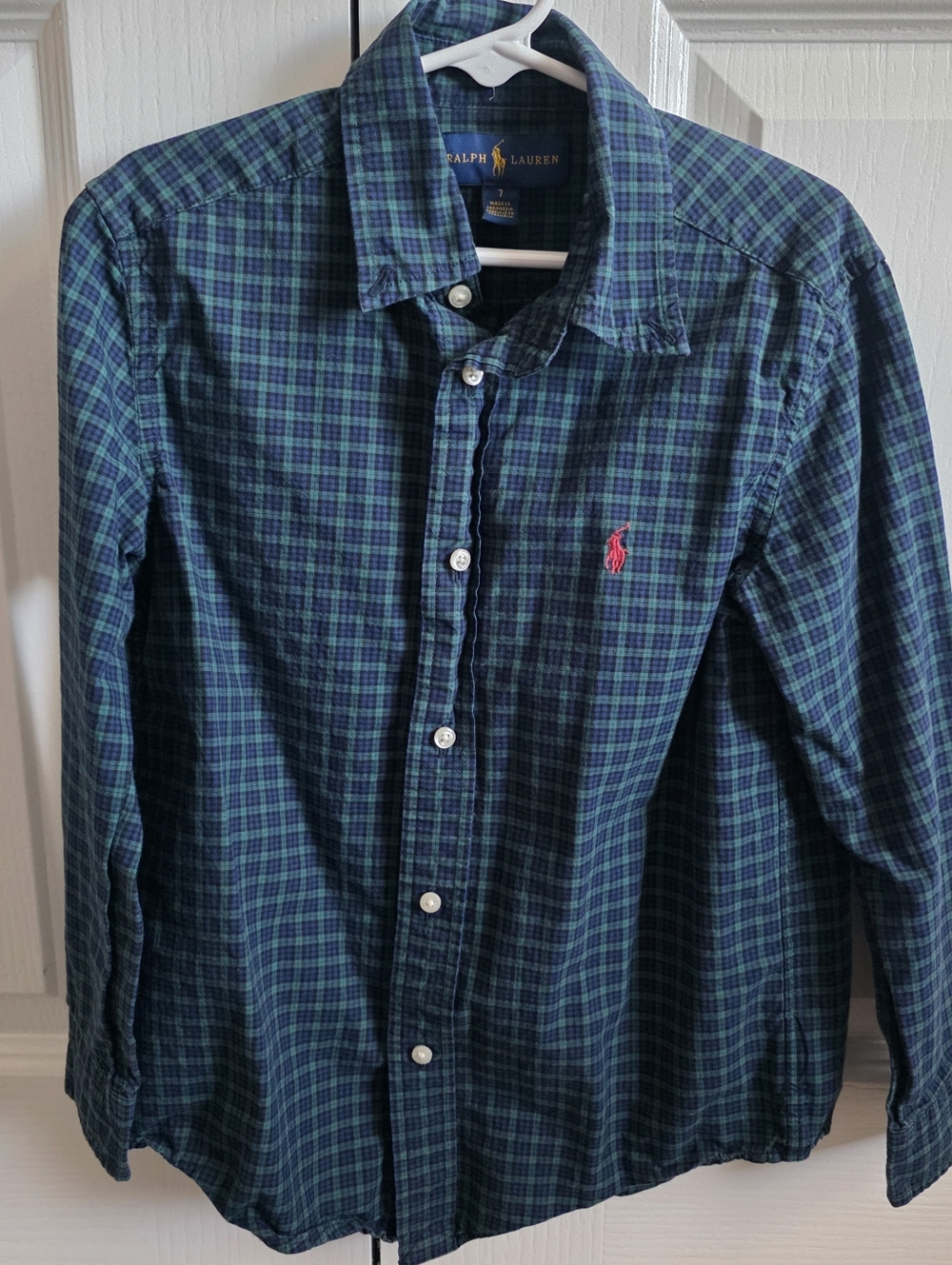 Ralph Lauren Button Down Long Sleeve Preppy Blue Green Plaid Size 7